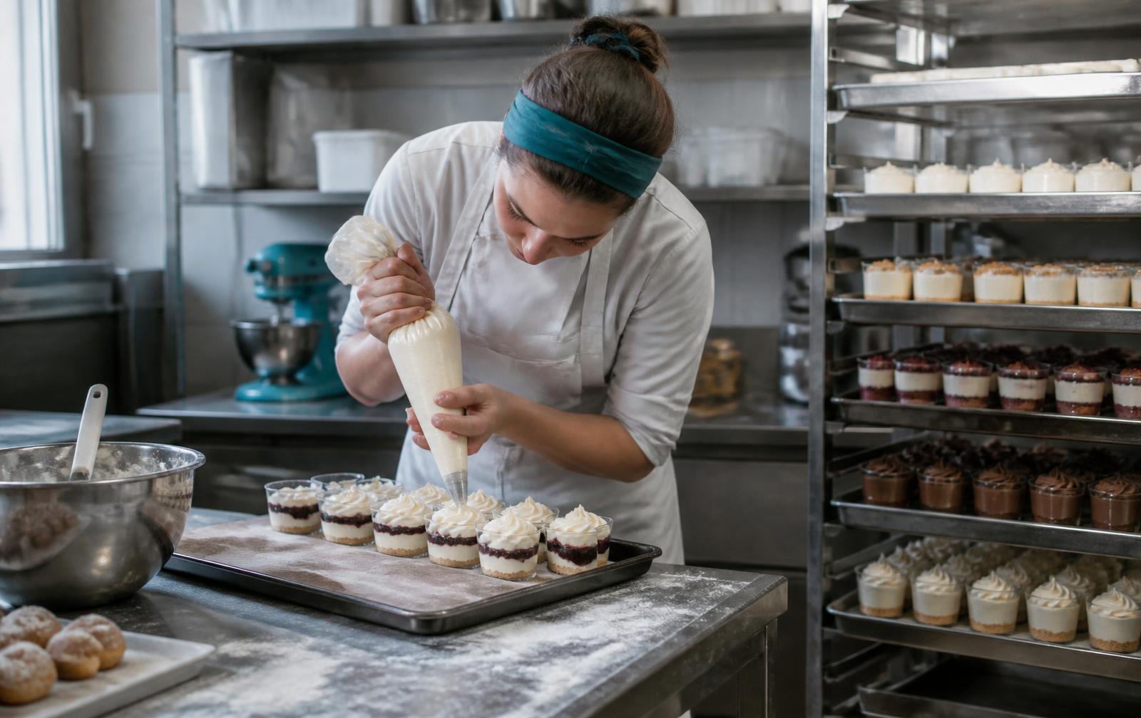 Baker piping decoration onto layered cakes in a bright bakery kitchen