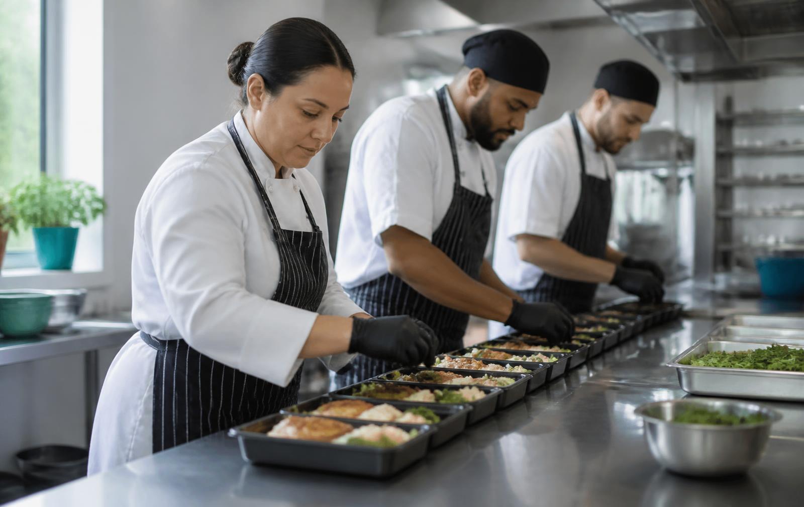 Catering kitchen staff portioning trays of food along a stainless steel prep line