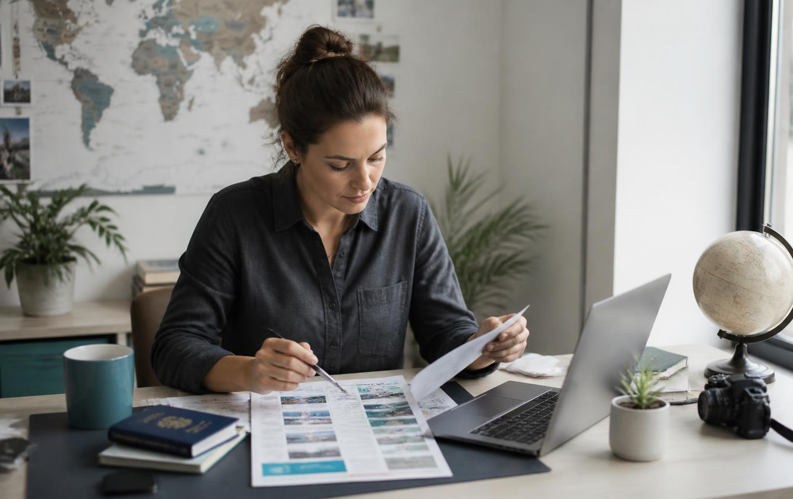 Travel planner mapping a multi-city trip with notes and a laptop on a bright desk